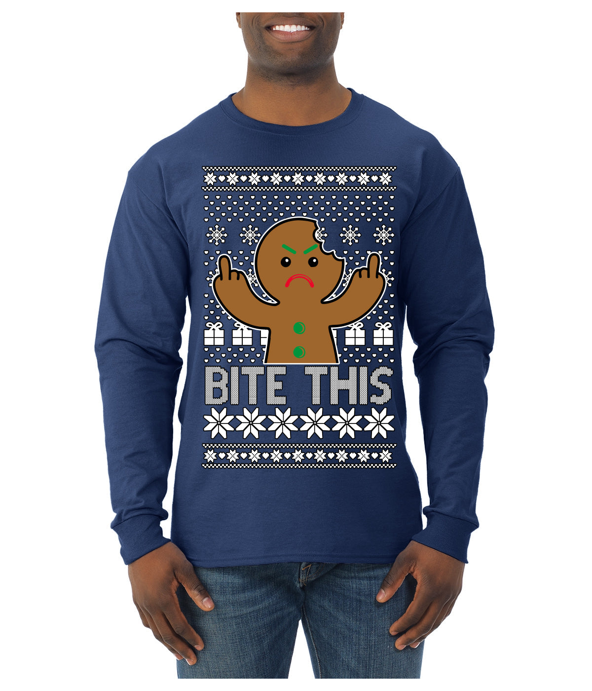 Bite This, Funny Gingerbread Cookie Offensive Inappropriate Middle Finger, F U Ginger Bread Dirty Novelty Xmas Ugly Christmas Sweater Mens Long Sleeve Shirt