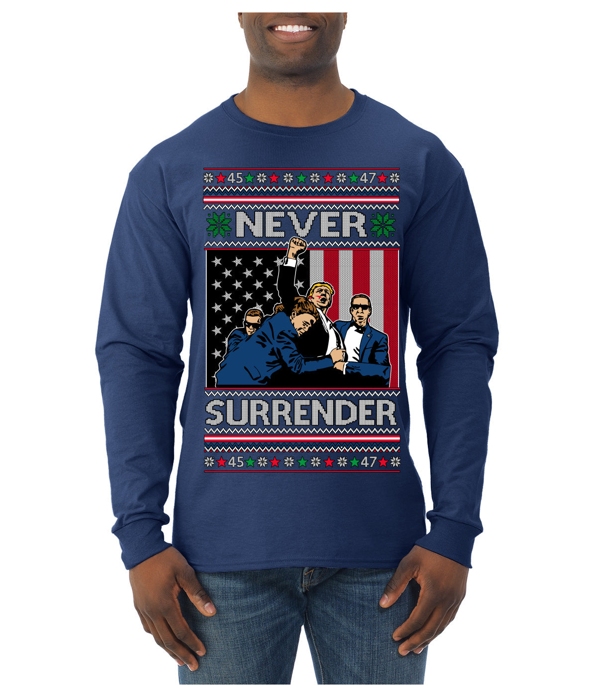 Never Surrender Pro Donald Trump Fight Fist Pump 2024 Ugly Christmas Sweater Mens Long Sleeve Shirt