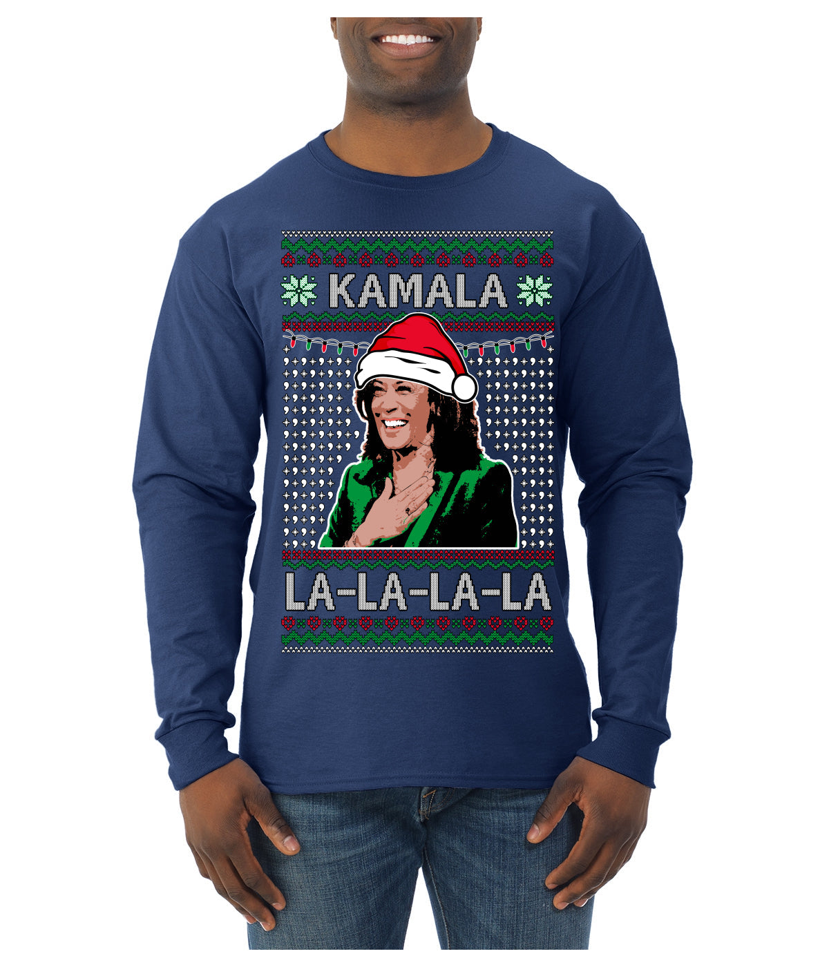 Kamala La La Funny Santa Hat Classic Xmas Song Carol Ugly Christmas Sweater Mens Long Sleeve Shirt