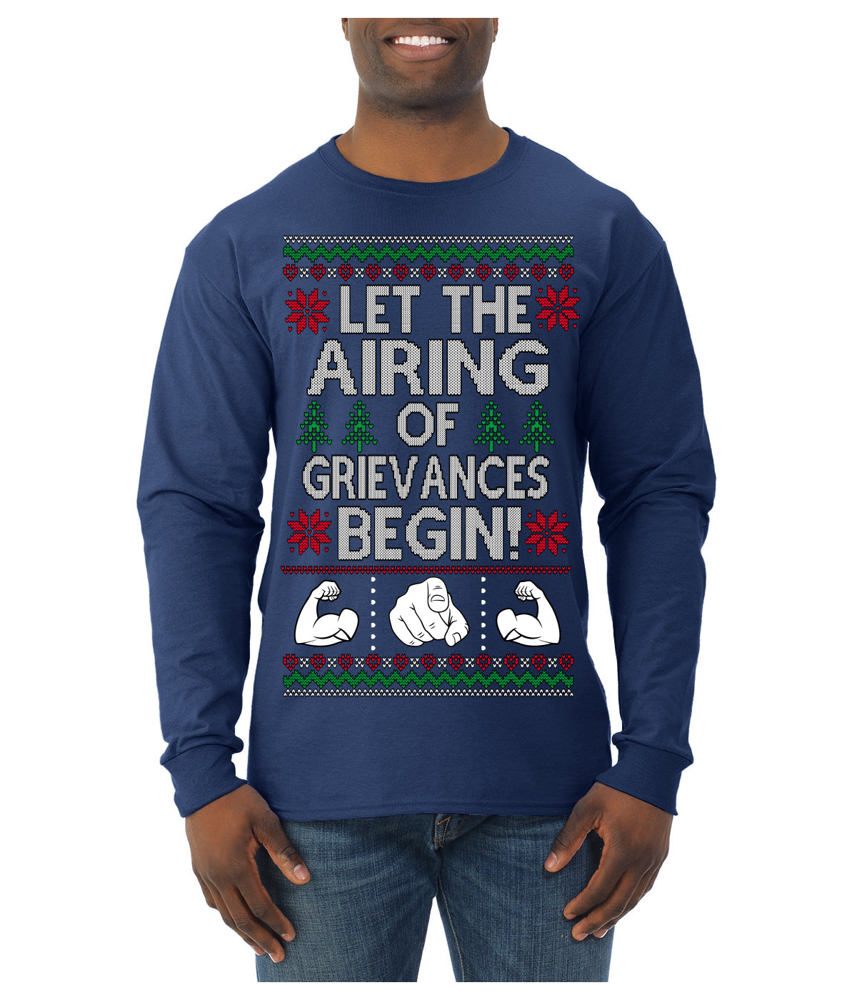 Let the Airing of Grievances Begin Funny TV Sitcom Festivus Ugly Christmas Sweater Mens Long Sleeve Shirt