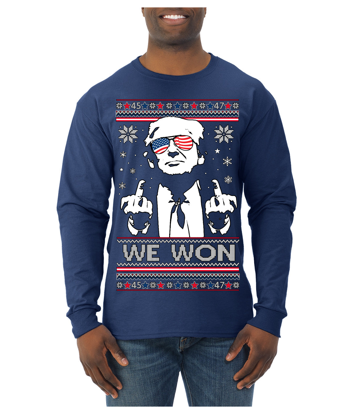 We Won Funny 45 47 President Trump Shot USA Glasses Ugly Christmas Sweater Mens Long Sleeve Shirt