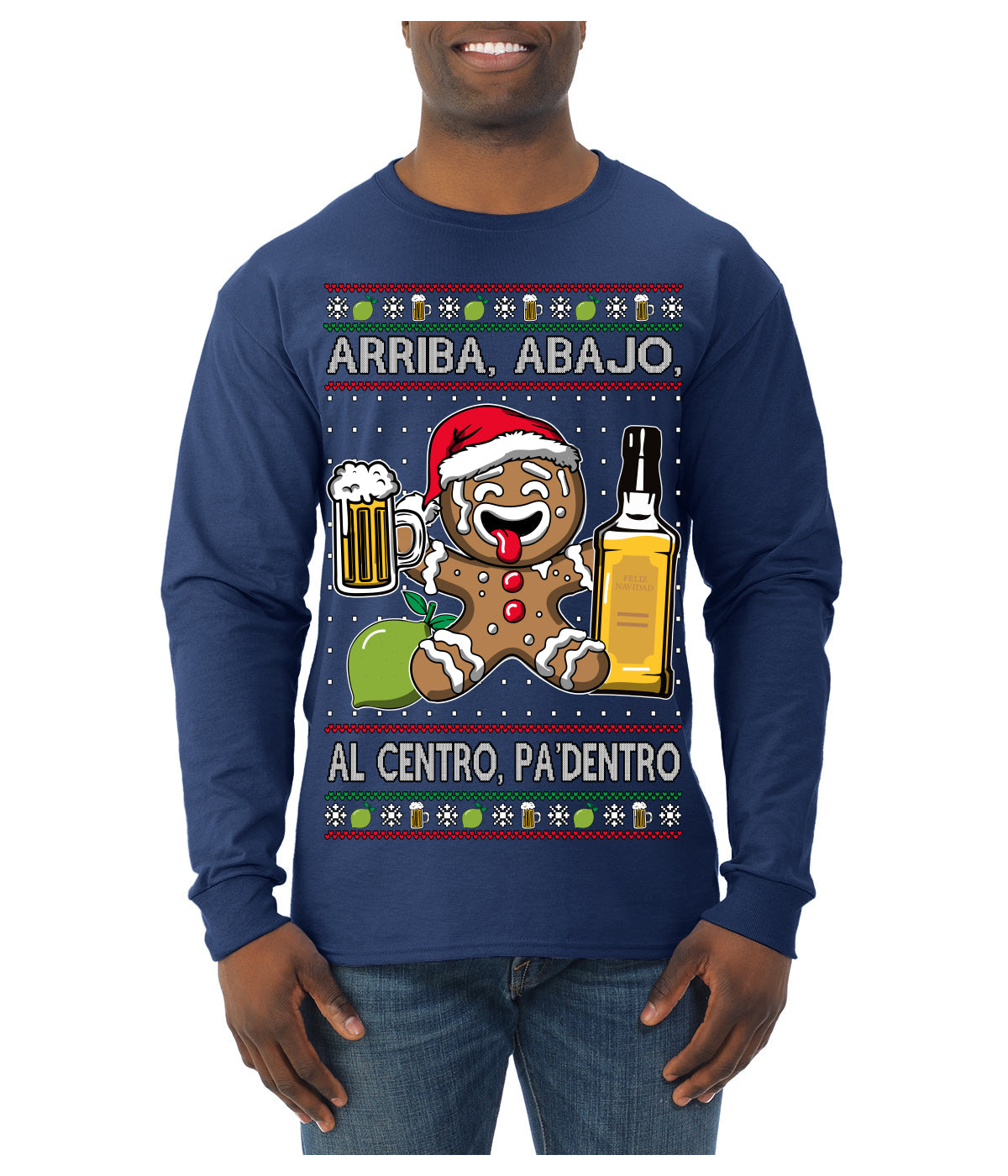 Arriba Abajo Al Centro Pa'Dentro Cheers to Health Salud Ugly Christmas Sweater Mens Long Sleeve Shirt