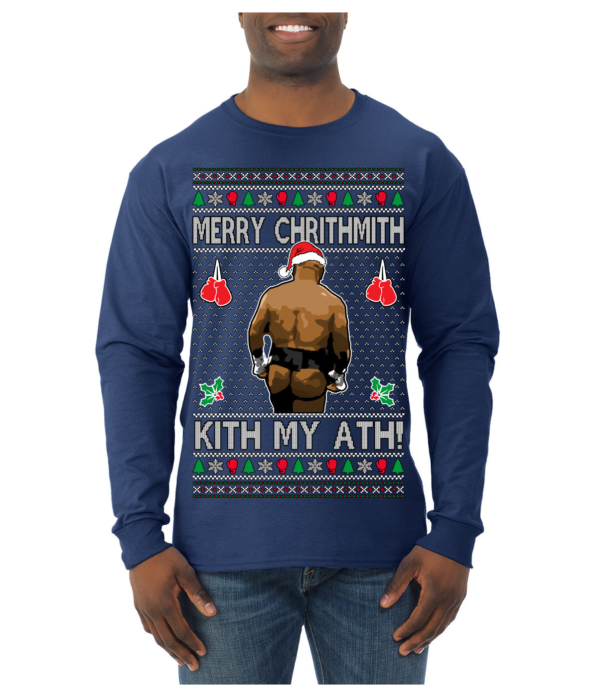 Merry Chrithmith Kith My Ath, Butt Viral Kiss My Ass Boxing Fight Meme Ugly Christmas Sweater Mens Long Sleeve Shirt