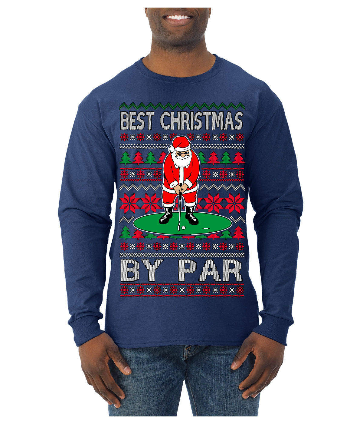 Best Christmas By Par Funny Santa Golfing Pun Sports Golf Ugly Christmas Sweater Mens Long Sleeve Shirt