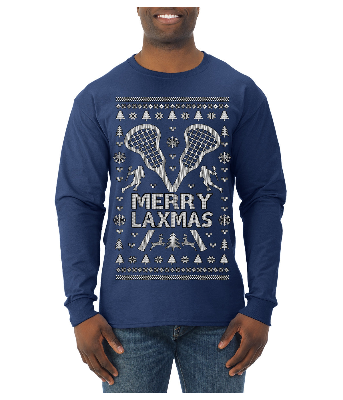 Merry Laxmas Funny Lacrosse Sports LAX Teen Sports Pun Ugly Christmas Sweater Mens Long Sleeve Shirt