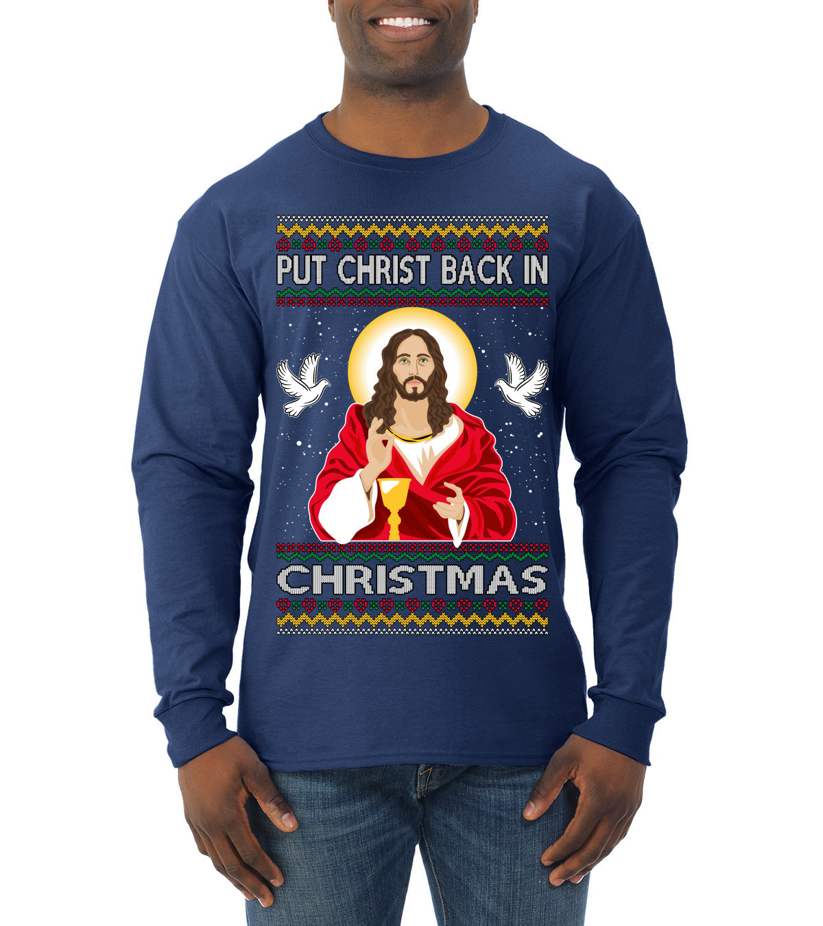 Put Christ Back In Christmas Ugly Christmas Sweater Mens Long Sleeve Shirt