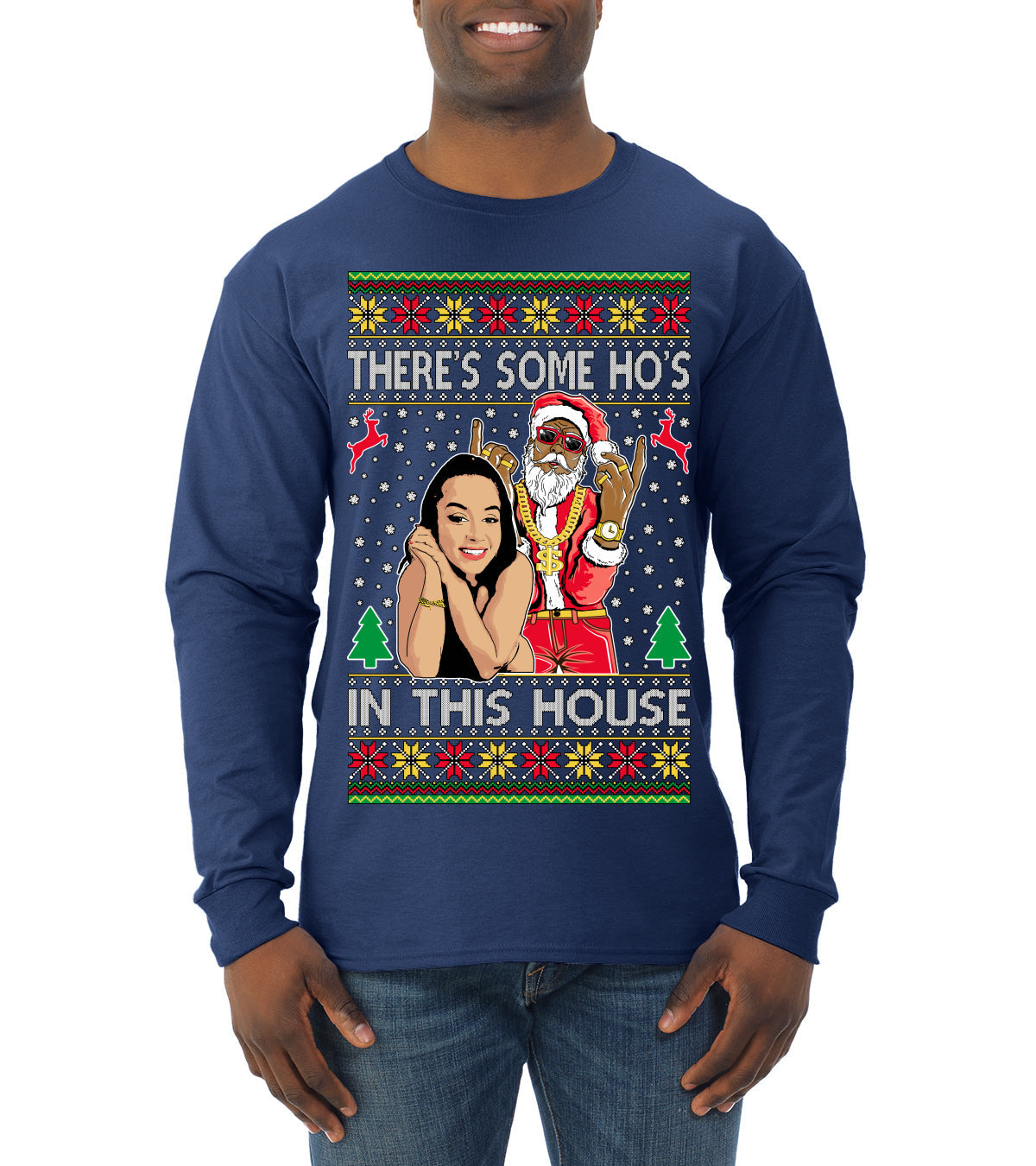 Santa the Plug Hos In This House  Ugly Christmas Sweater Mens Long Sleeve Shirt