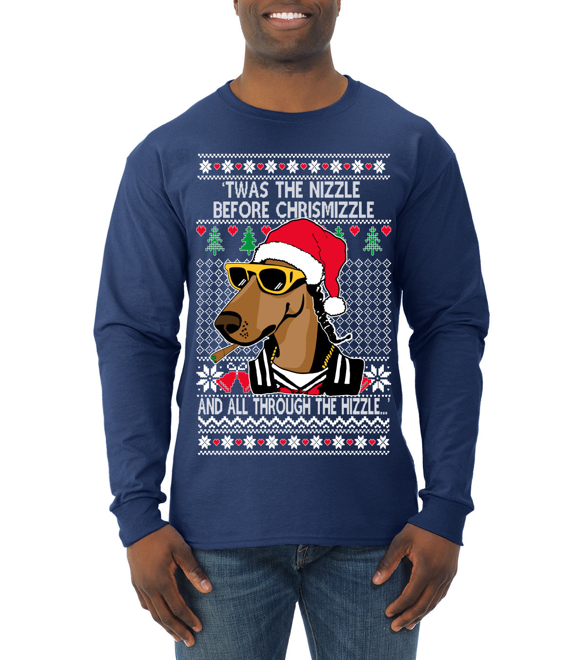 Twas The Nizzle Before Chrismizzle Gangster Dogg Rapper Ugly Christmas Sweater Mens Long Sleeve Shirt