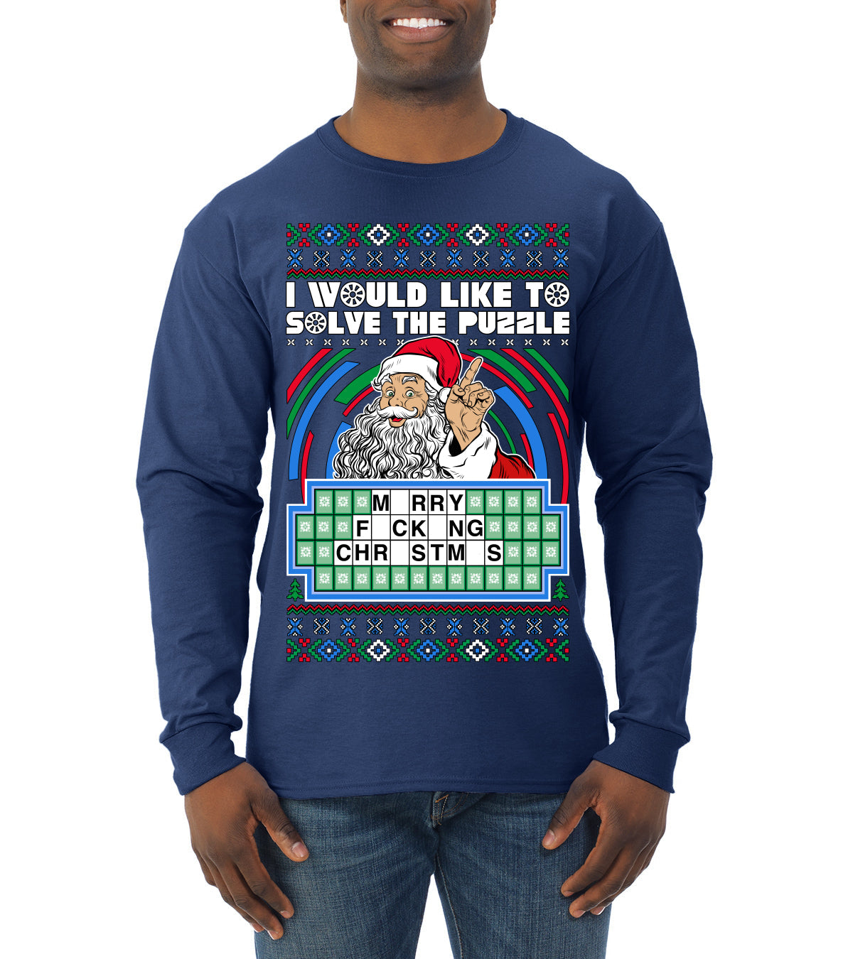 Santa Game Show I'd Like To Solve the Puzzle Wheel Ugly Christmas Sweater Mens Long Sleeve Shirt