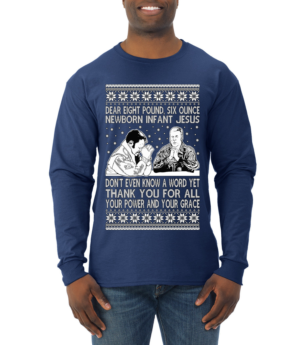 8 Pound 6 Ounce Baby Jesus Shake and Bake  Ugly Christmas Sweater Mens Long Sleeve Shirt