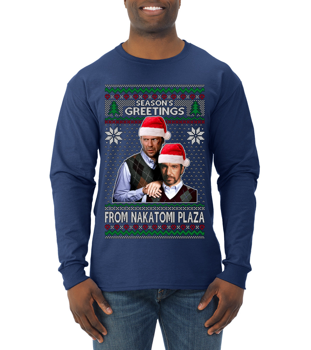 Season's Greeting From Nakatomi Plaza Ugly Christmas Sweater Mens Long Sleeve Shirt