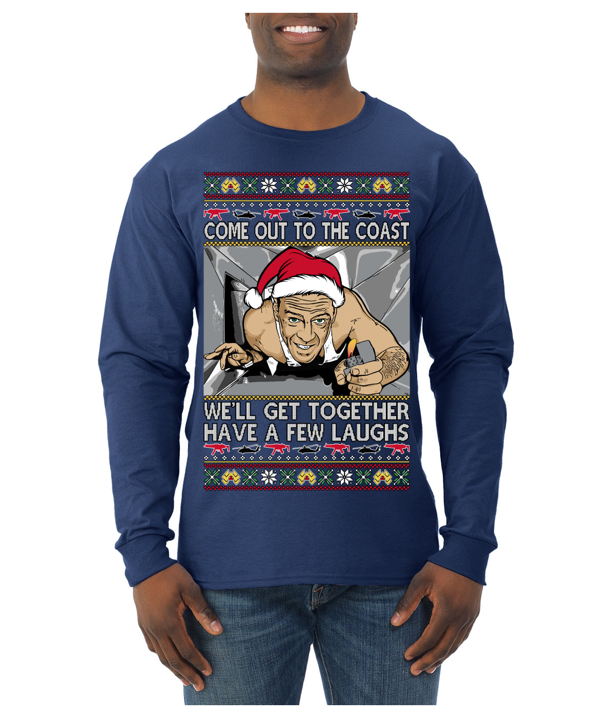 Come Out to the Coast Have a Few Laughs Die Hard McClane Ugly Christmas Sweater Mens Long Sleeve Shirt