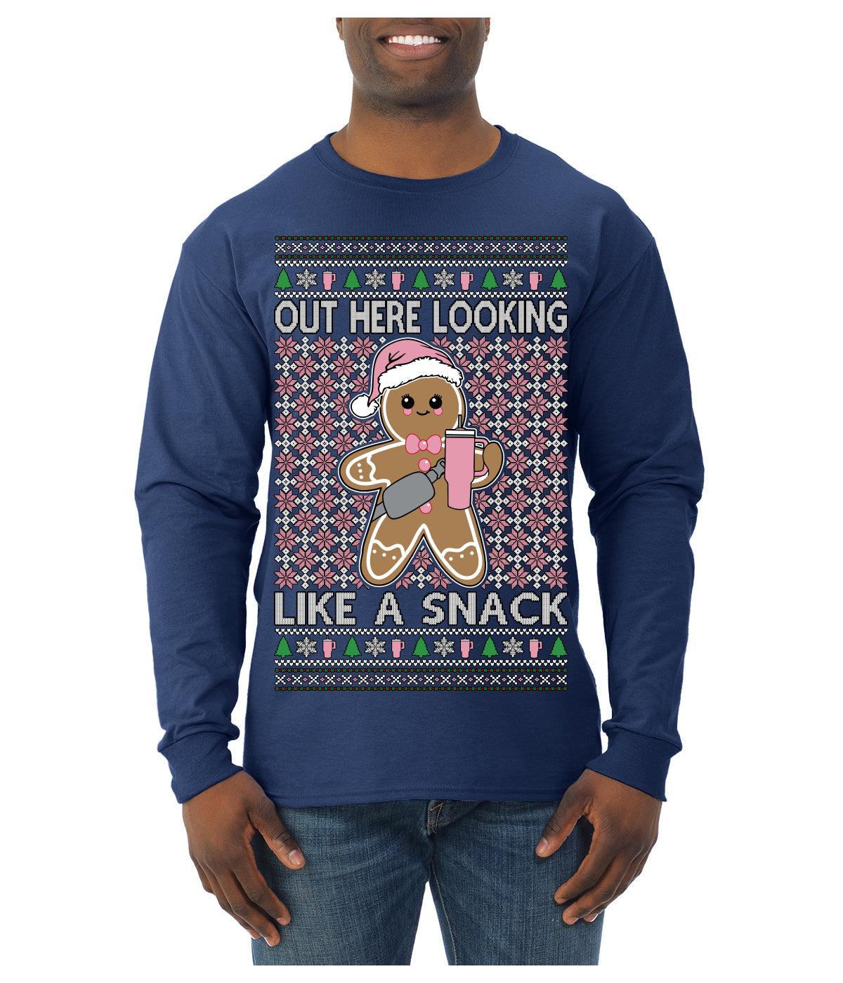 Out Here Looking Like a Snack Cute Xmas Cookie Ugly Christmas Sweater Mens Long Sleeve Shirt
