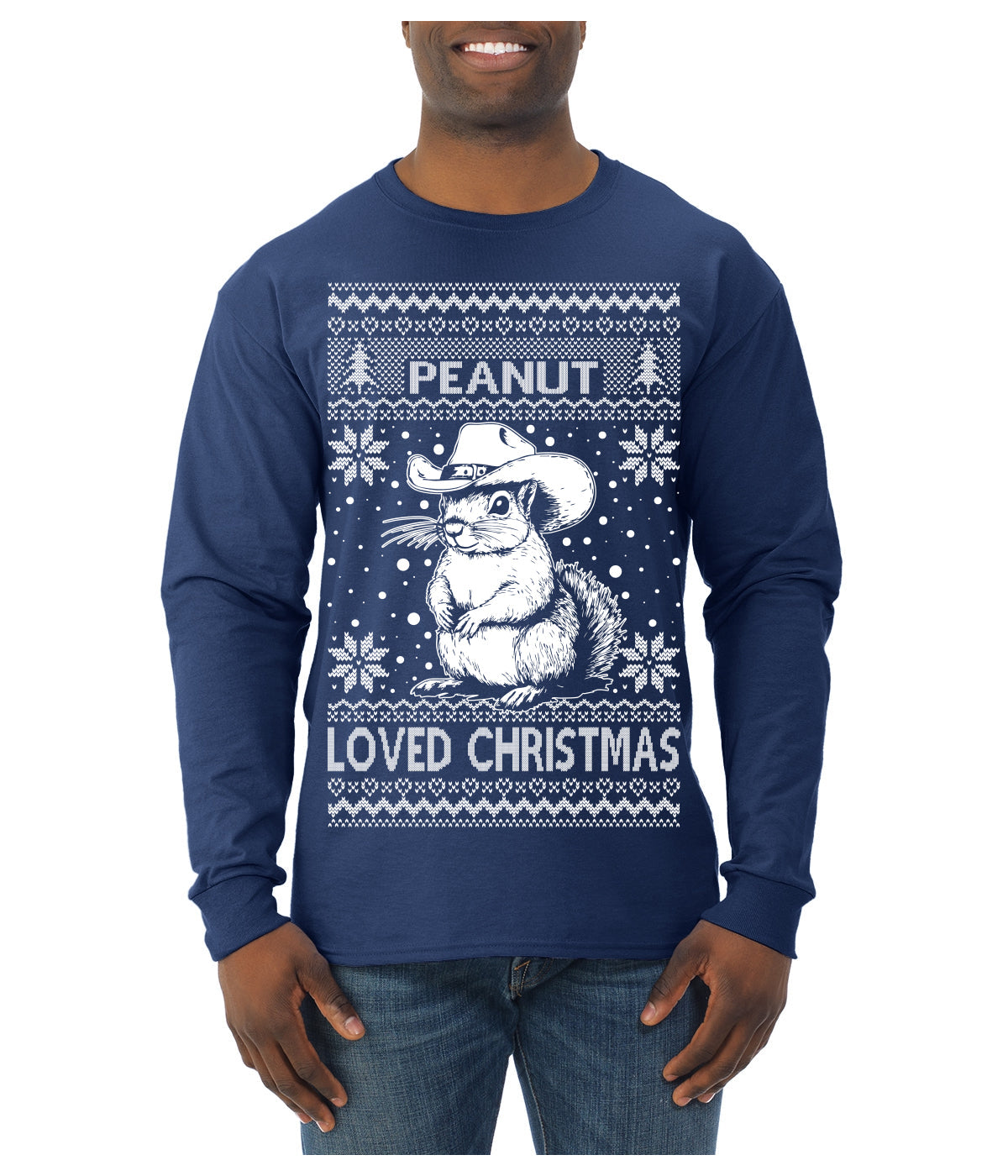 Peanut Loved Christmas RIP Funny Viral Squirrel Meme Ugly Christmas Sweater Mens Long Sleeve Shirt
