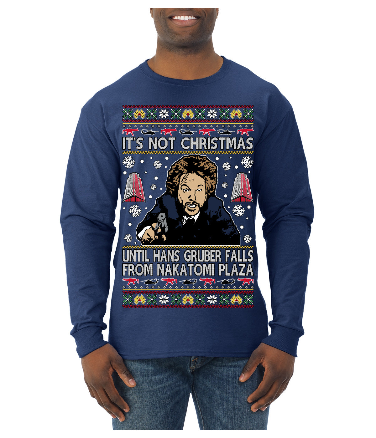 It's Not Christmas Until Hans Gruber Falls From Nakatomi Plaza Color Ugly Christmas Sweater Mens Long Sleeve Shirt