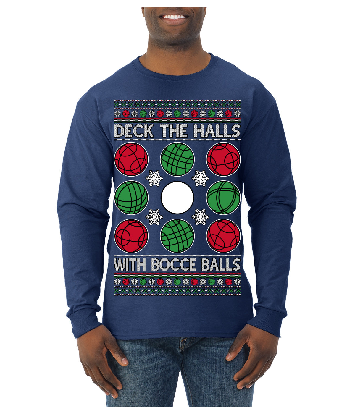 Deck the Halls with Bocce Balls, Funny Classic Italy Italian Sports Ugly Christmas Sweater Mens Long Sleeve Shirt