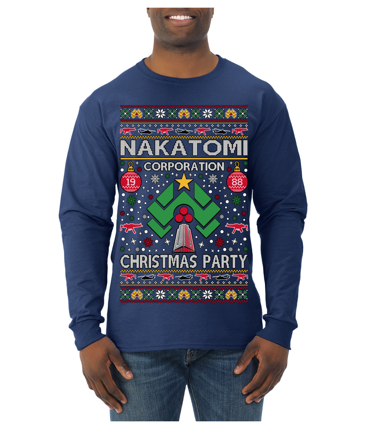 Nakatomi Corporation Christmas Party 1988 Plaza Logo, Classic Die Hard McClane 80s Xmas Movie Quote Ugly Christmas Sweater Mens Long Sleeve Shirt