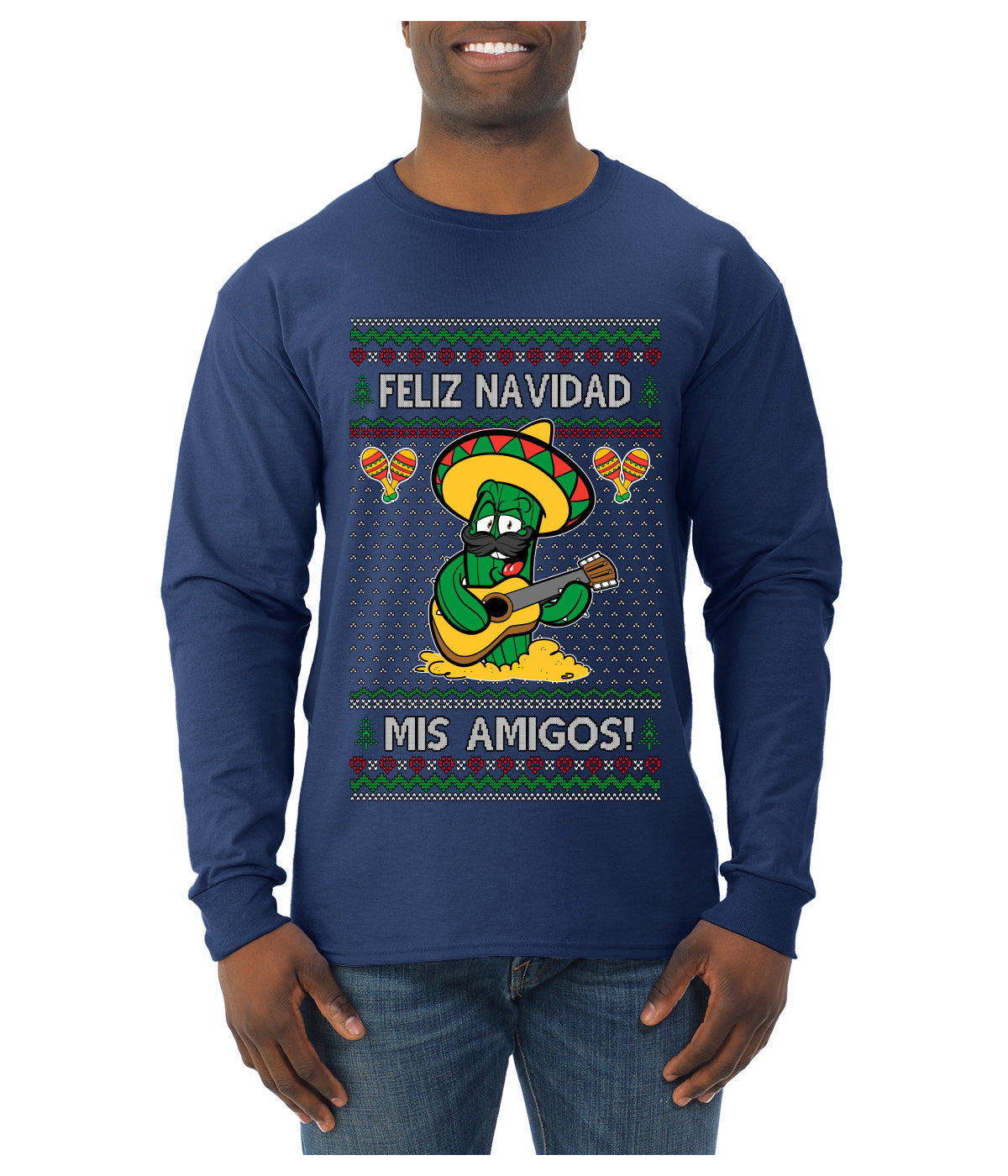 Feliz Navidad Mis Amigos!, Ugly Christmas Sweater Mens Long Sleeve Shirt