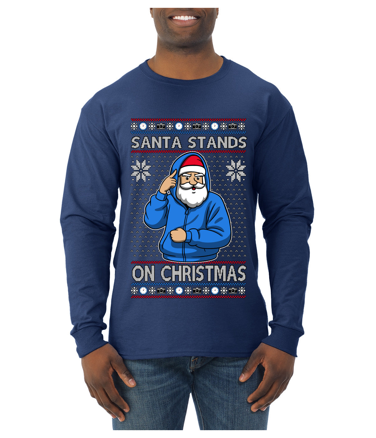 Santa Stands On Christmas, Ugly Christmas Sweater Mens Long Sleeve Shirt