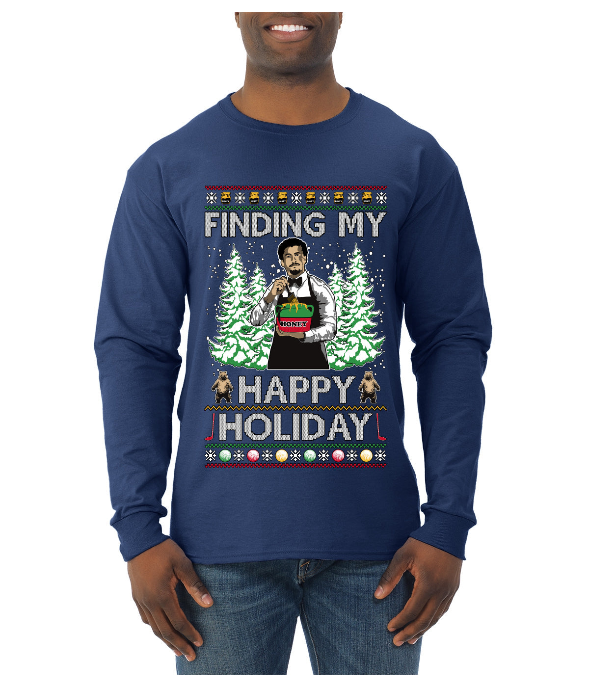 Finding My Happy Holiday, Ugly Christmas Sweater Mens Long Sleeve Shirt
