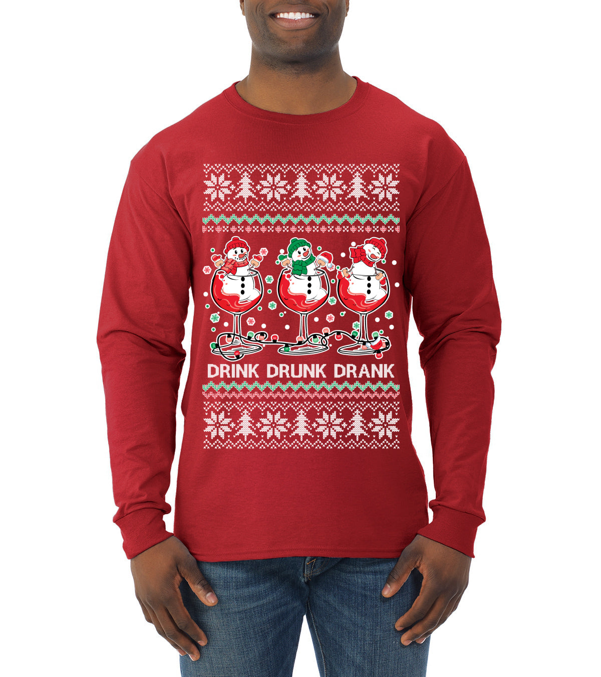 Holiday Spirits Drink Drank Drunk Snowmen Ugly Christmas Sweater Mens Long Sleeve Shirt