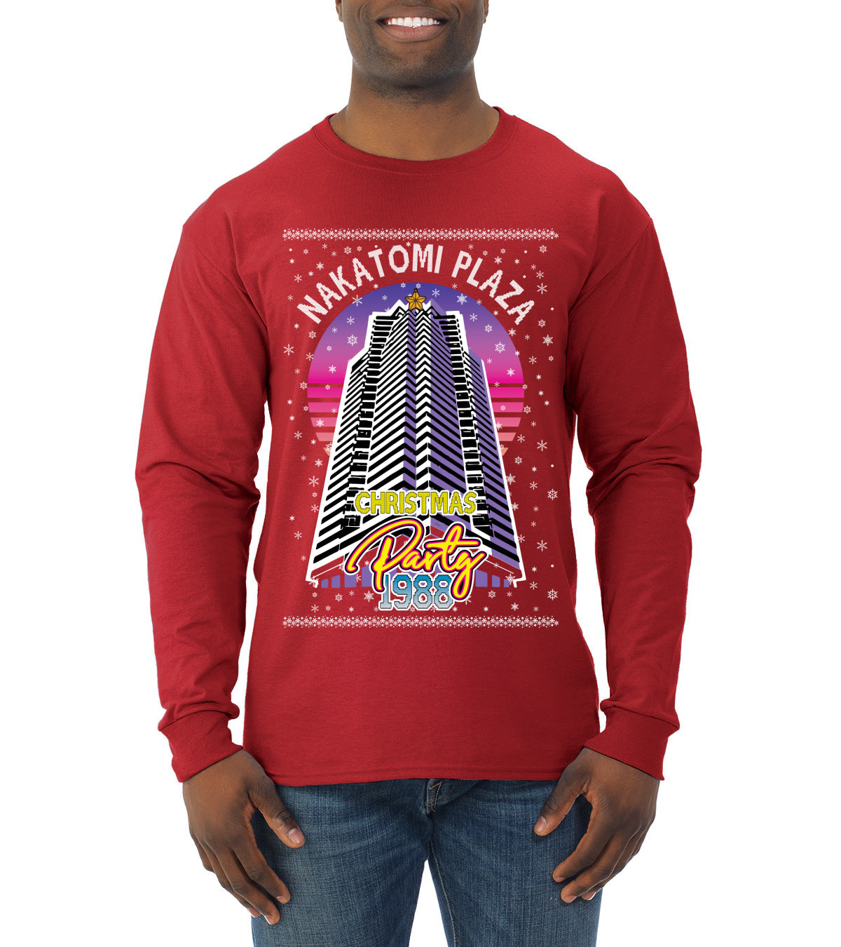 Retro Nakatomi Plaza 1988 Holiday Party Ugly Christmas Sweater Mens Long Sleeve Shirt