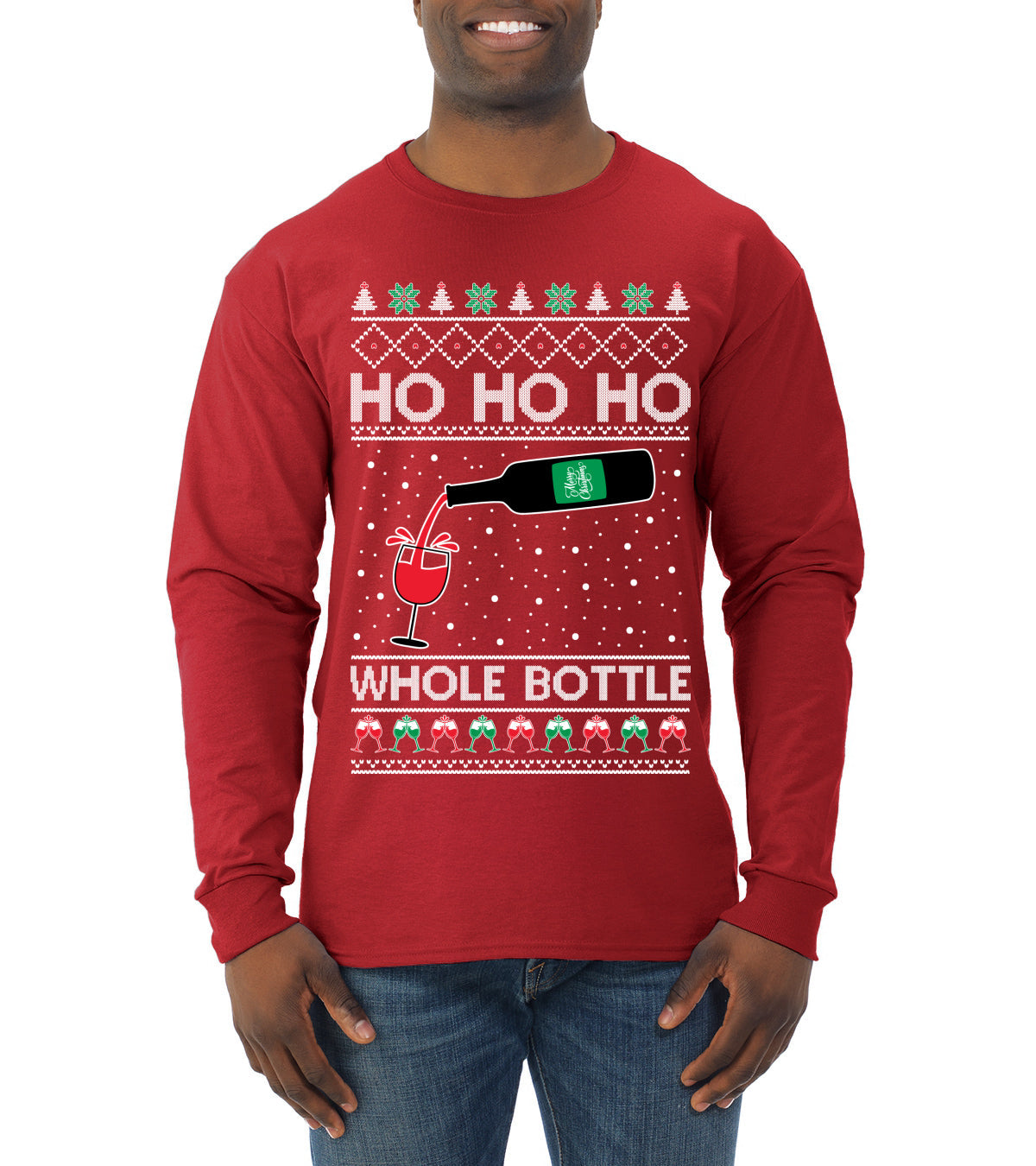 Ho Ho Ho Whole Bottle Wine Spirits Ugly Christmas Sweater Mens Long Sleeve Shirt