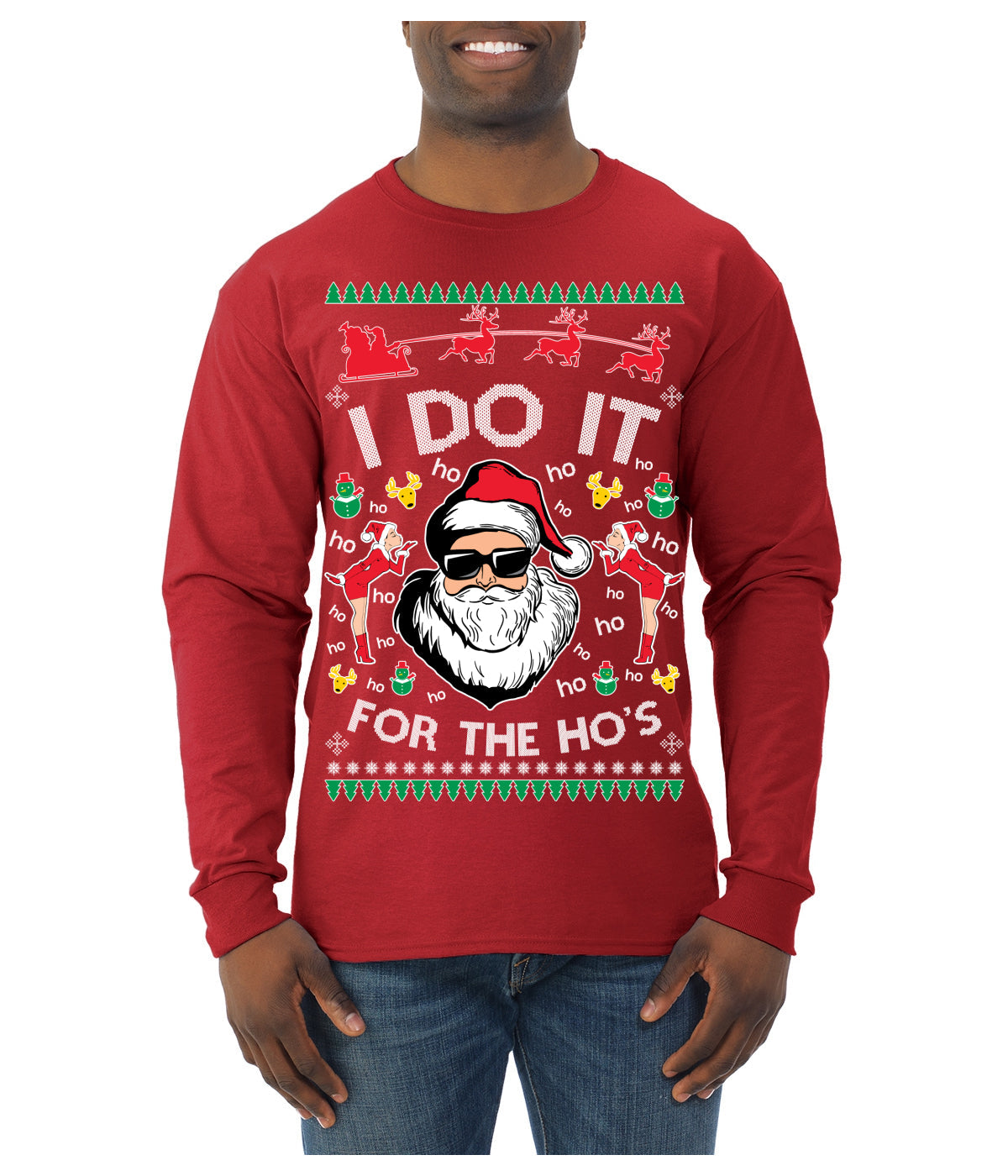 I Do It for the Hos Funny Santa Claus Ugly Christmas Sweater Mens Long Sleeve Shirt