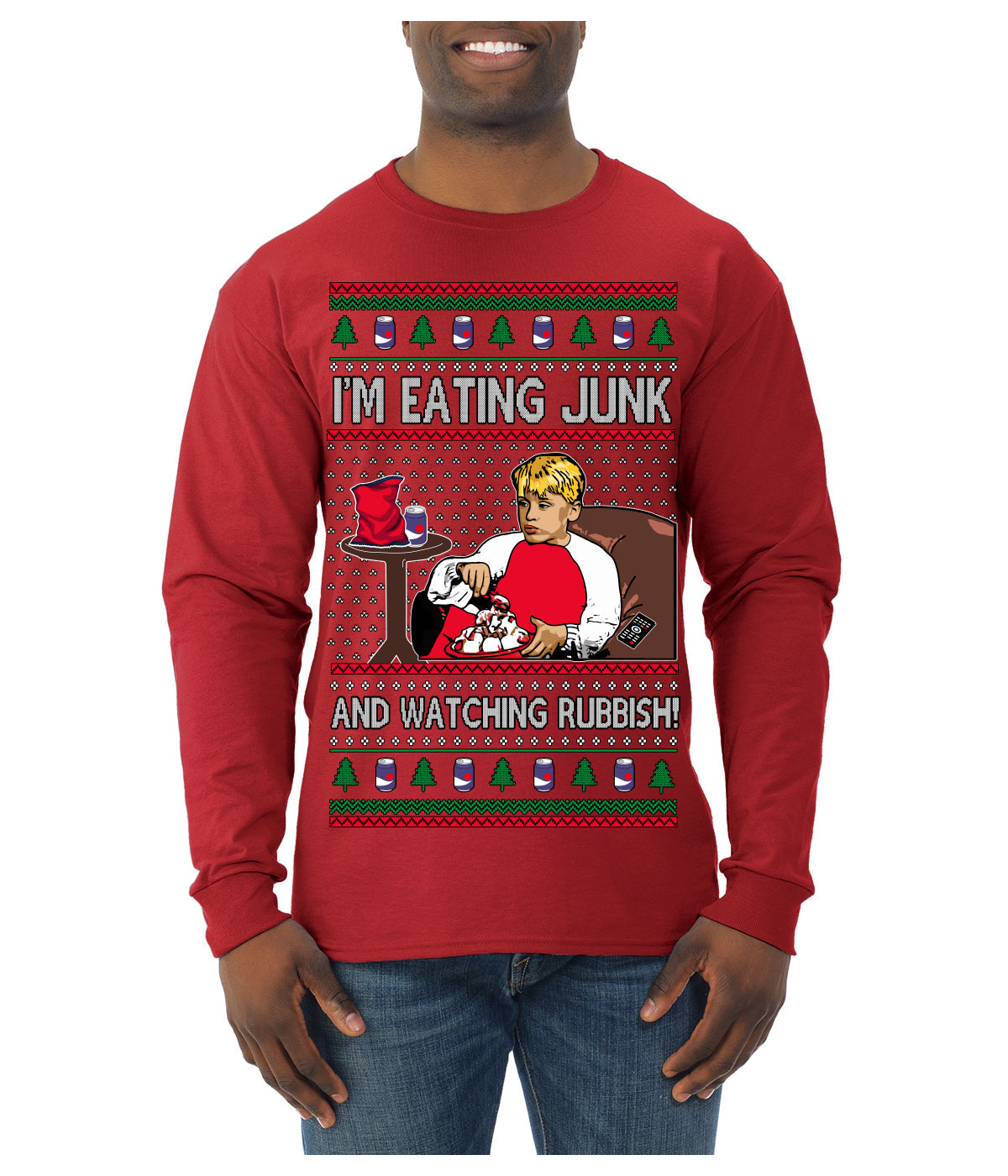 I'm Eating Junk and Watching Rubbish 90s Movie Ice Cream Ugly Christmas Sweater Mens Long Sleeve Shirt