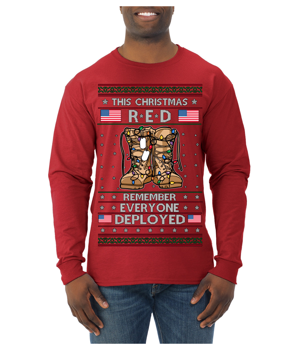 This Christmas RED Remember Everyone Deployed Veteran Ugly Christmas Sweater Mens Long Sleeve Shirt