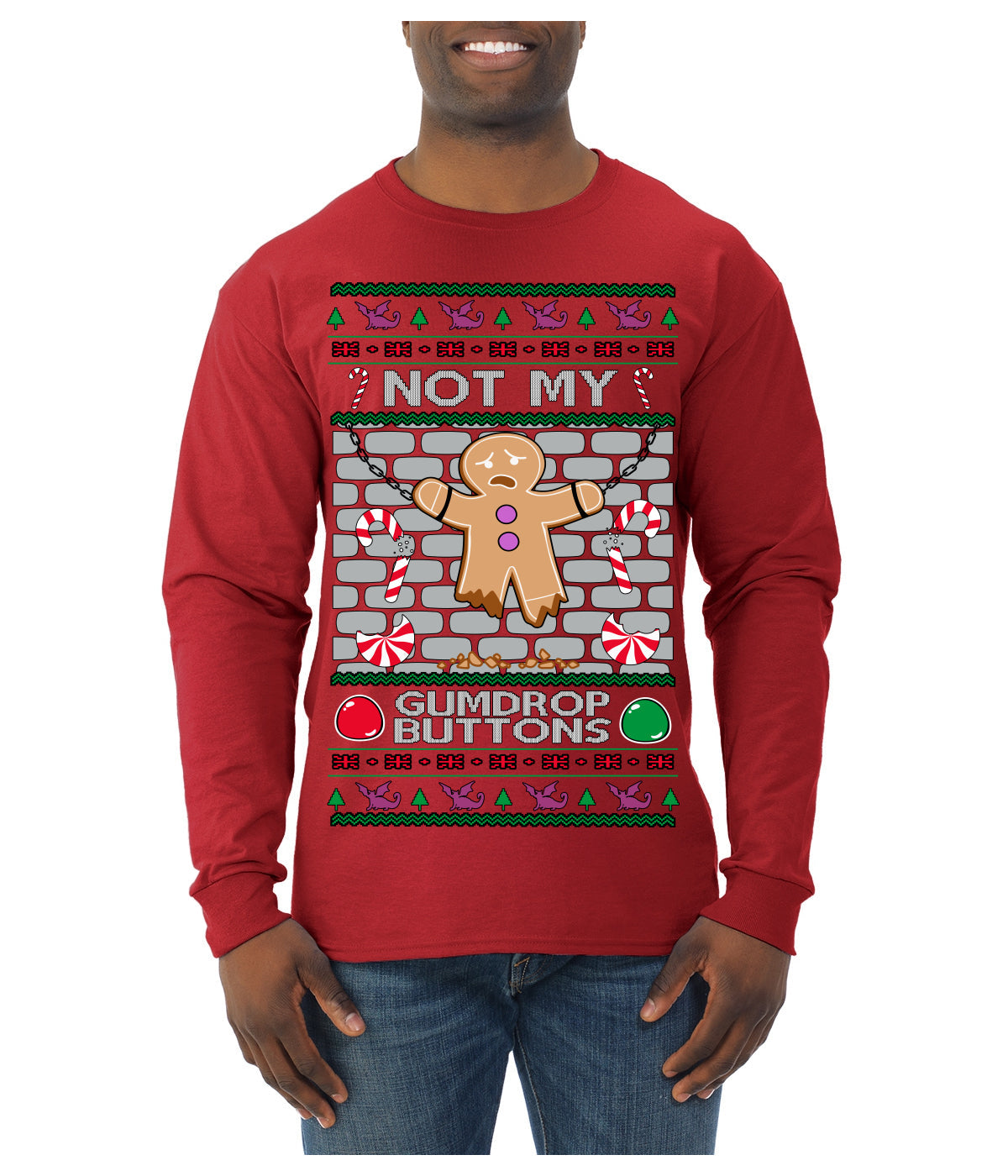 Not My Gumdrop Buttons Funny Classic Movie Quote Ugly Christmas Sweater Mens Long Sleeve Shirt