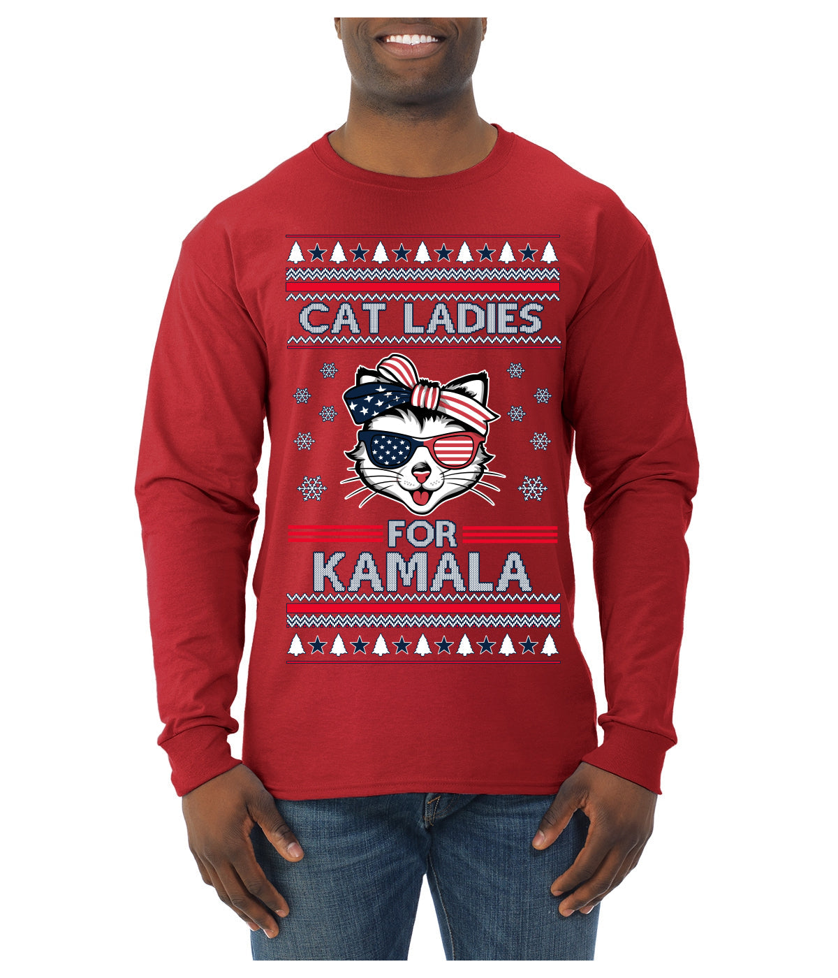 Cat Ladies for Kamala USA Glasses, Harris Tim Walz 2024 Cute USA Glasses Bow Ugly Christmas Sweater Mens Long Sleeve Shirt