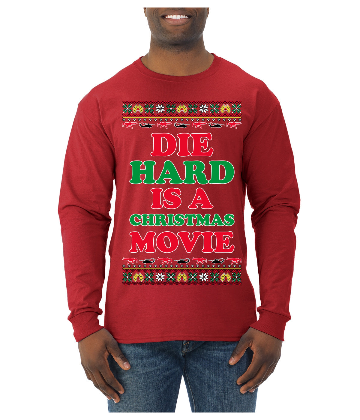 Die Hard is a Christmas Movie Classic, McClane Hans Nakatomi Plaza Xmas Party Holiday Movies Ugly Christmas Sweater Mens Long Sleeve Shirt