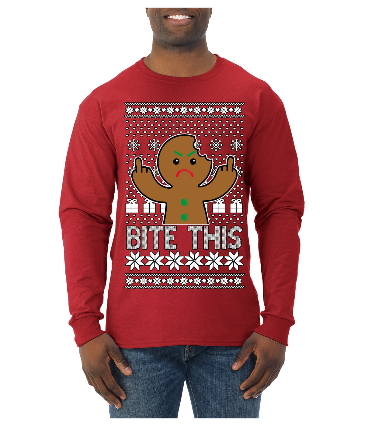 Bite This, Funny Gingerbread Cookie Offensive Inappropriate Middle Finger, F U Ginger Bread Dirty Novelty Xmas Ugly Christmas Sweater Mens Long Sleeve Shirt