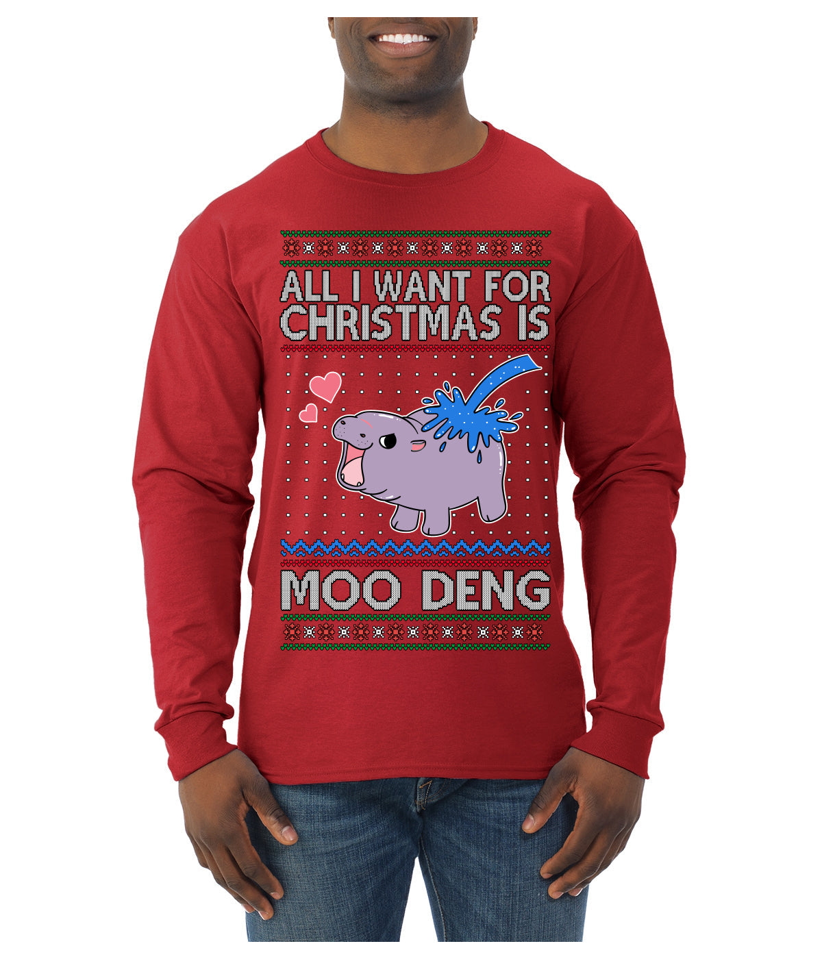 All I Want for Christmas is Moo Deng Cute Pygmy Hippo Ugly Christmas Sweater Mens Long Sleeve Shirt