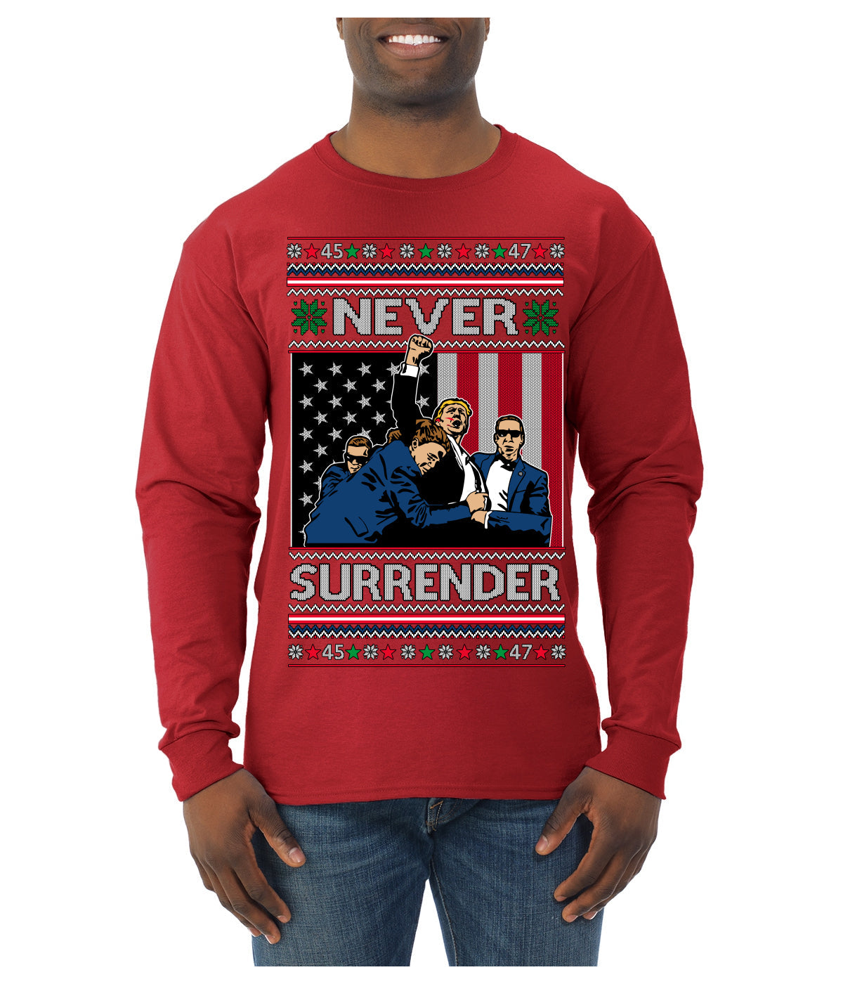 Never Surrender Pro Donald Trump Fight Fist Pump 2024 Ugly Christmas Sweater Mens Long Sleeve Shirt