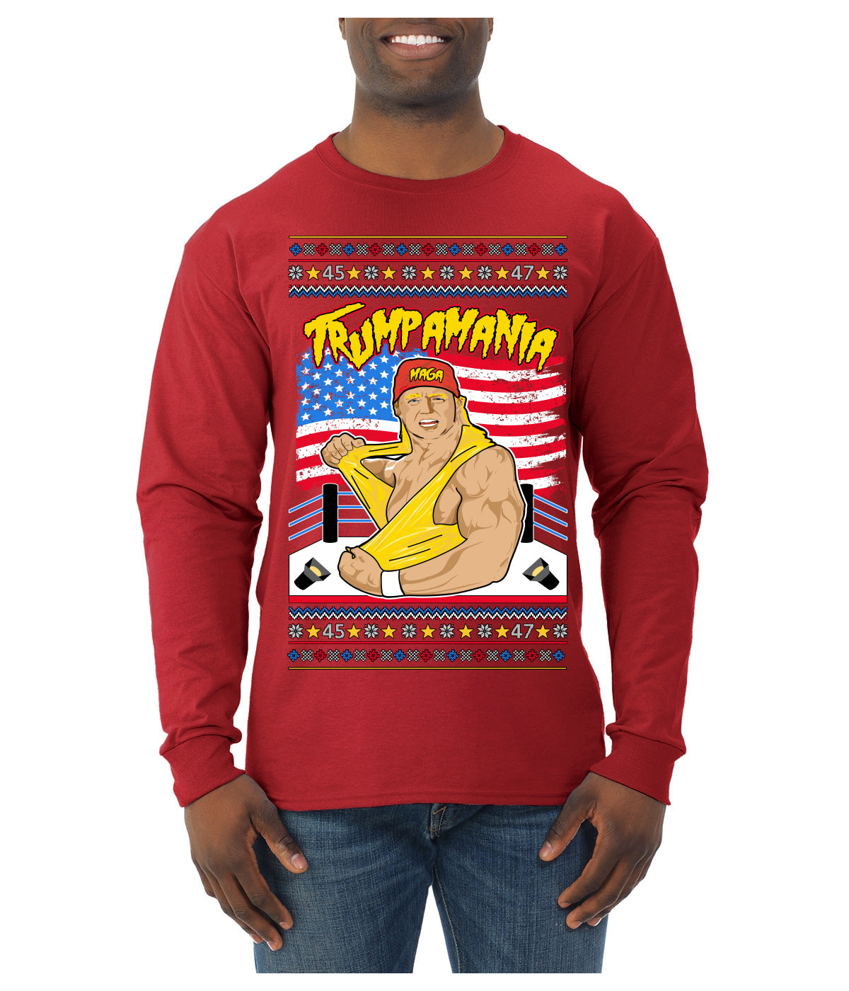 Trumpamania Funny Hogan 80s USA Wrestling Sports Parody Ugly Christmas Sweater Mens Long Sleeve Shirt