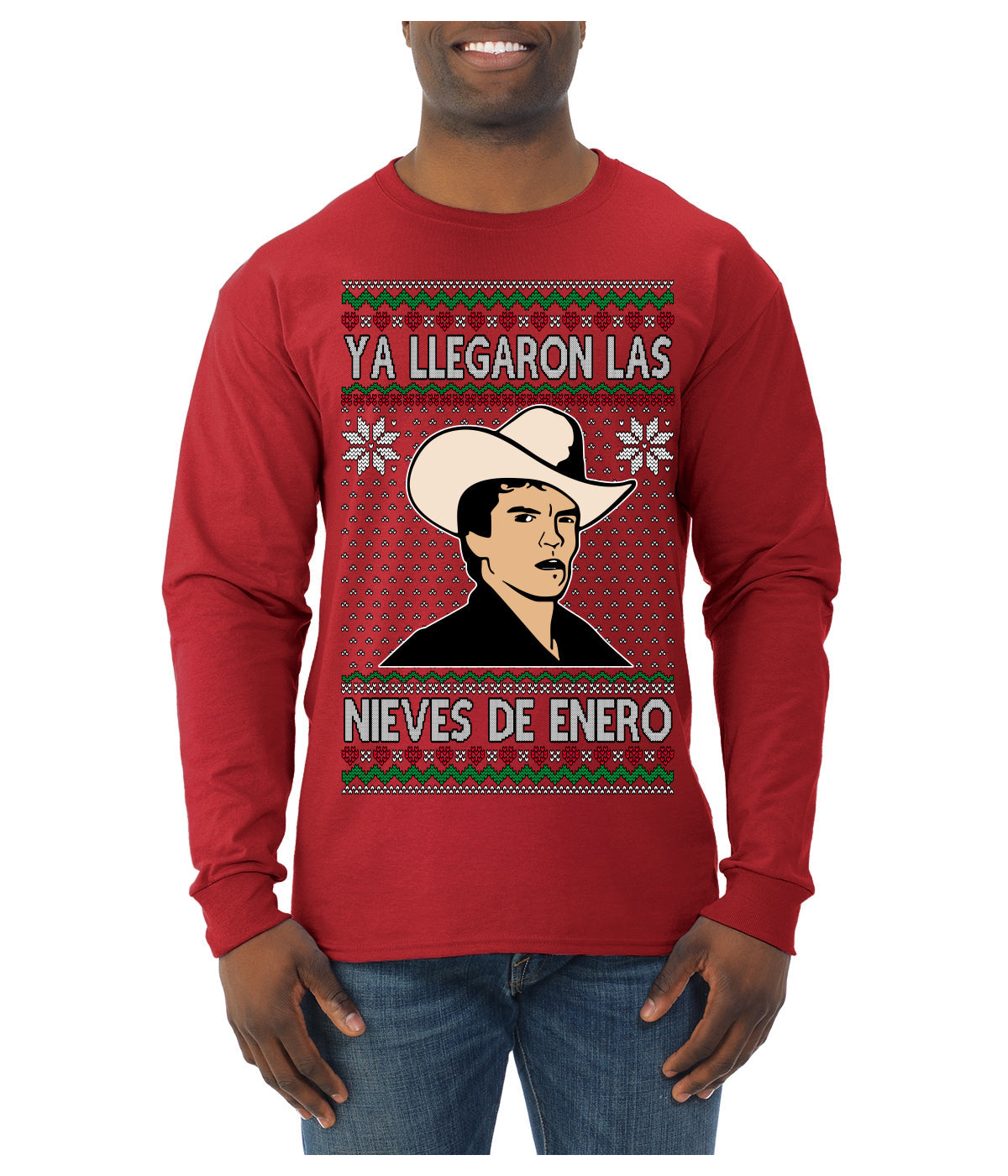 Ya Llegaron Las Nieves De Enero Chalino January Snow Ugly Christmas Sweater Mens Long Sleeve Shirt