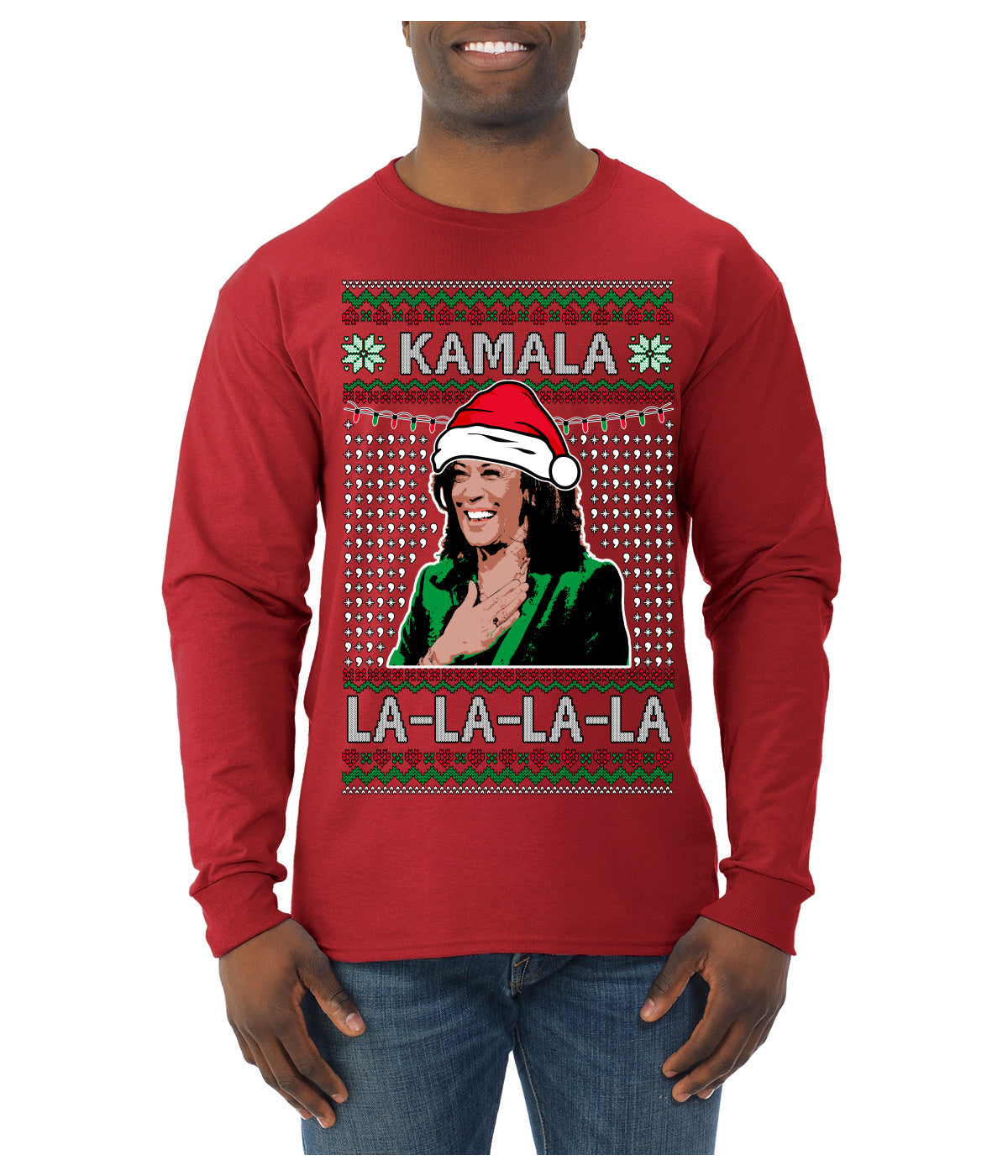Kamala La La Funny Santa Hat Classic Xmas Song Carol Ugly Christmas Sweater Mens Long Sleeve Shirt