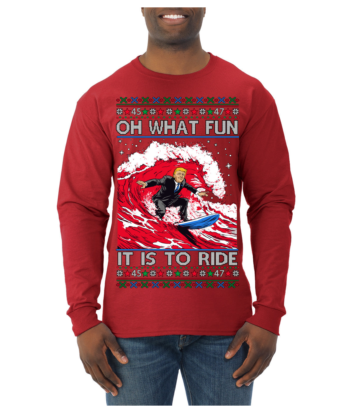 Oh What Fun It Is to Ride Donald Trump Red Wave Landslide Ugly Christmas Sweater Mens Long Sleeve Shirt