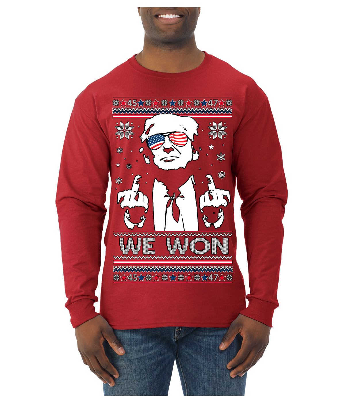 We Won Funny 45 47 President Trump Shot USA Glasses Ugly Christmas Sweater Mens Long Sleeve Shirt