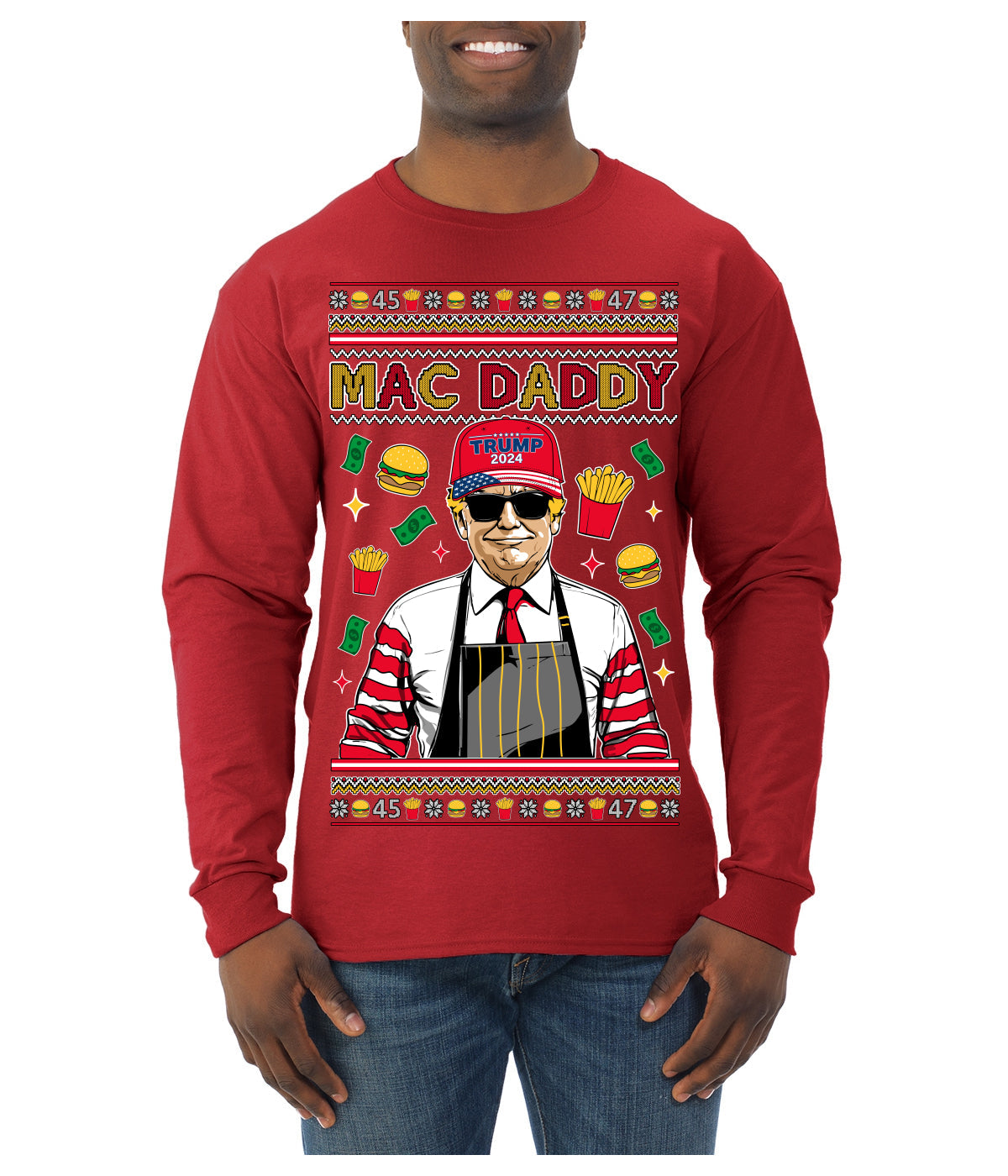 Mac Daddy Funny Viral Trump Meme Fast Food Fries Burgers Ugly Christmas Sweater Mens Long Sleeve Shirt