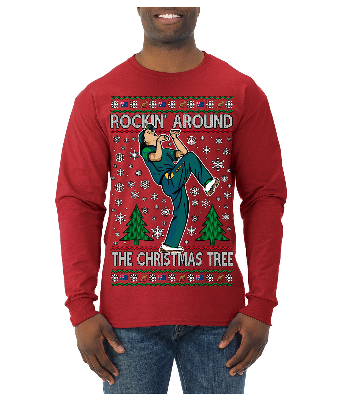 Rockin Around the Christmas Tree Raygun Viral Breakdancer Ugly Christmas Sweater Mens Long Sleeve Shirt