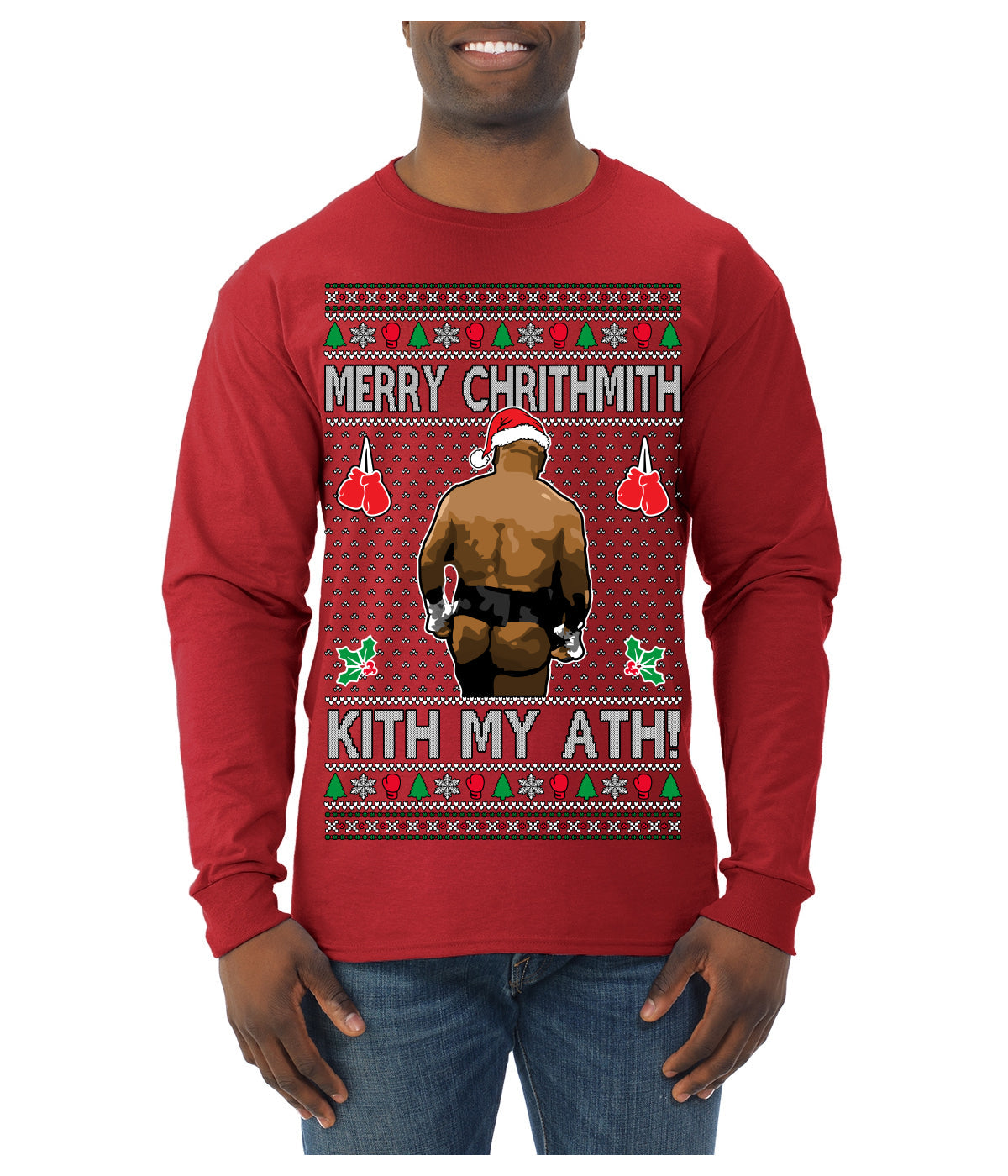 Merry Chrithmith Kith My Ath, Butt Viral Kiss My Ass Boxing Fight Meme Ugly Christmas Sweater Mens Long Sleeve Shirt
