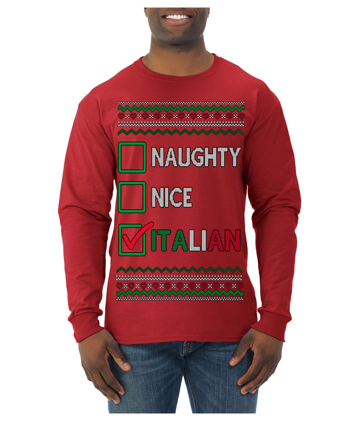 Naughty Nice Italian Funny Italians Italy Colors Ugly Christmas Sweater Mens Long Sleeve Shirt