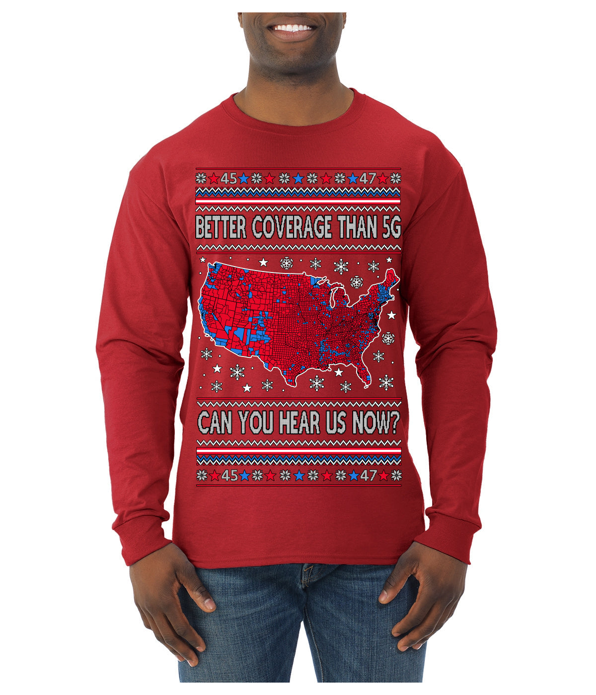 Trump 2024 Better Coverage than 5G Red Wave Landslide Ugly Christmas Sweater Mens Long Sleeve Shirt