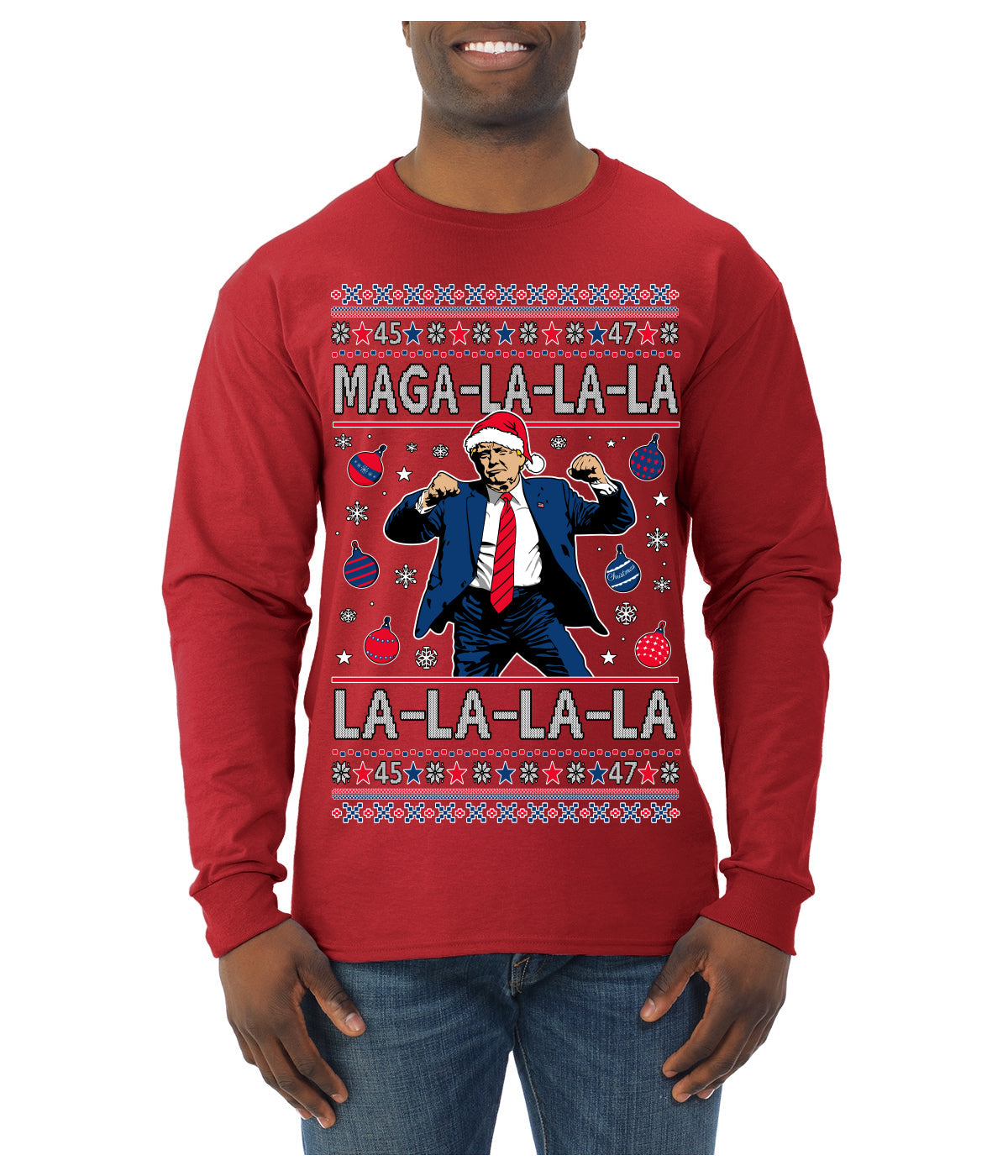 Maga La La La Funny Donald Trump Christmas Carol Song Ugly Christmas Sweater Mens Long Sleeve Shirt