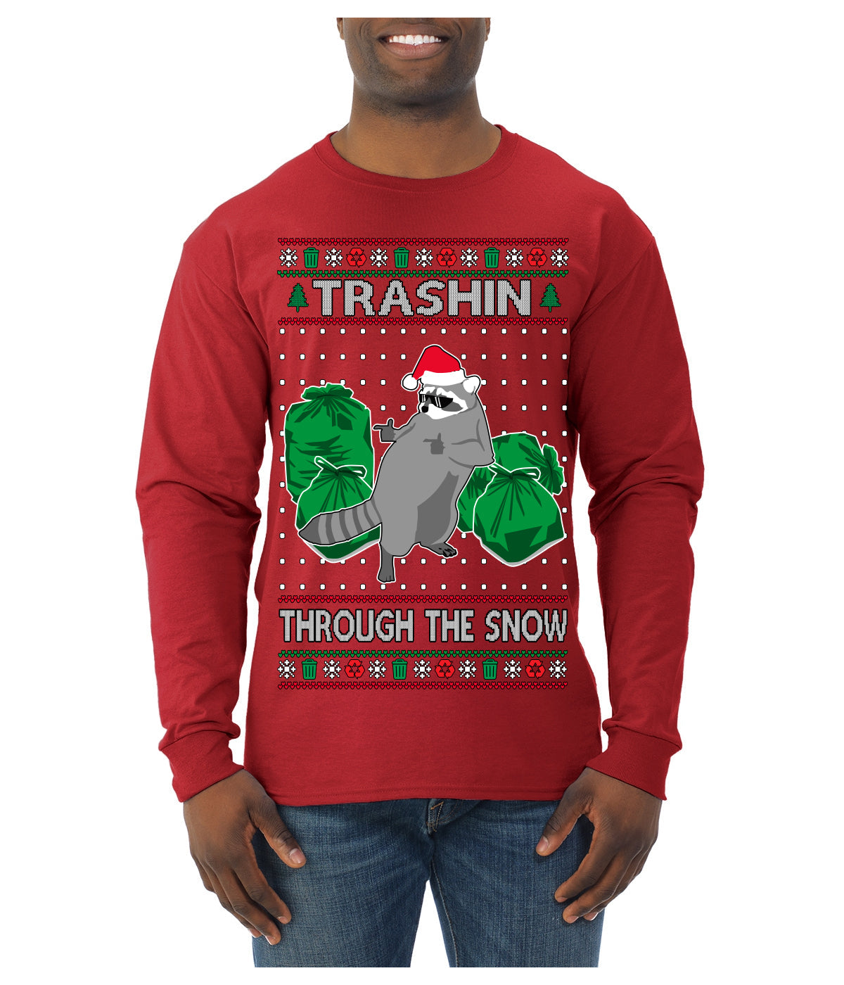 Trashin Through the Snow Funny Trash Panda Raccoon Meme Ugly Christmas Sweater Mens Long Sleeve Shirt