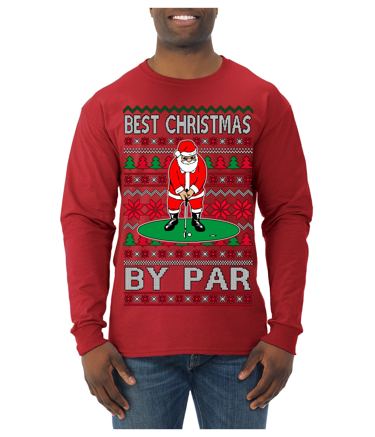 Best Christmas By Par Funny Santa Golfing Pun Sports Golf Ugly Christmas Sweater Mens Long Sleeve Shirt