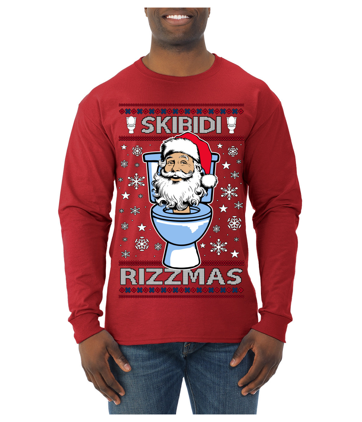 Skibidi Rizzmas Funny Toilet Video Viral Brain Rot Meme, Gen Z Alpha Slang Brainrot Memes Ugly Christmas Sweater Mens Long Sleeve Shirt